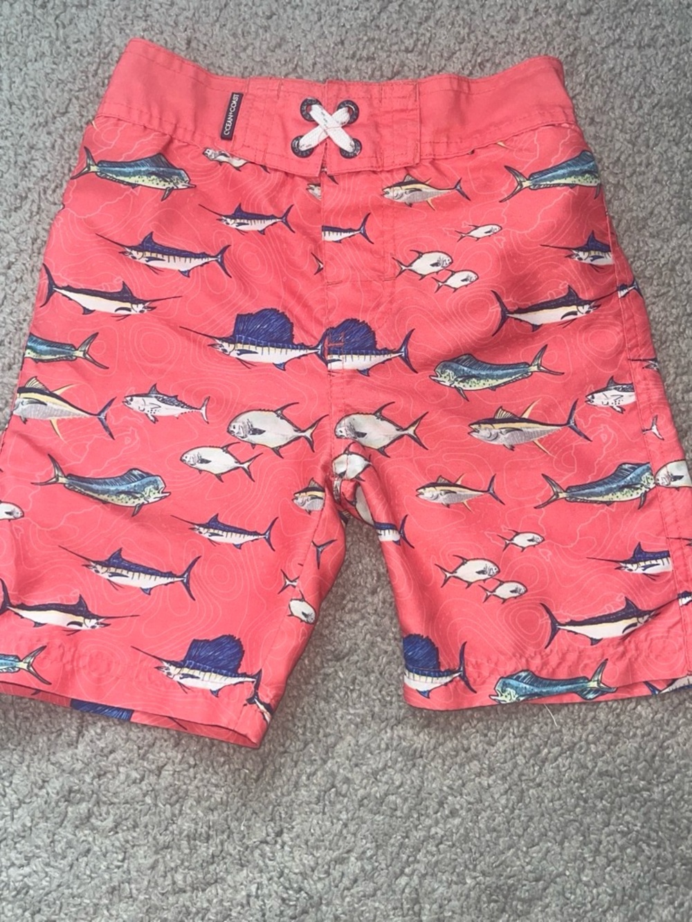Vineyard Vines Coral Swim Trunks with Multicolor Fish Print